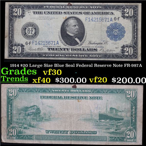 1914 $20 Large Size Blue Seal Federal Reserve Note FR-987A Grades vf++