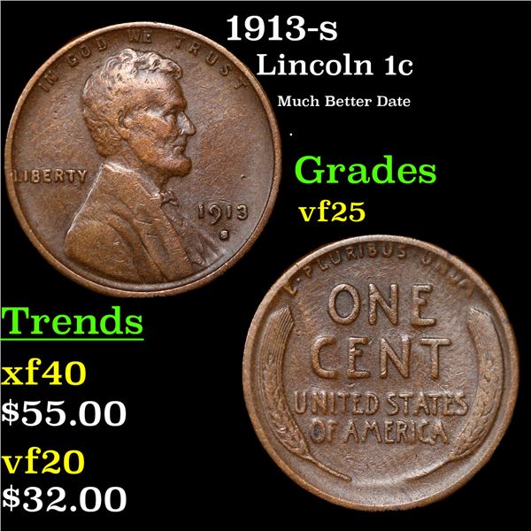 1913-s Lincoln Cent 1c Grades vf+