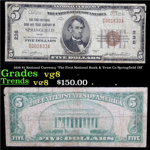 1929 $5 National Currency 'The First National Bank & Trust Co Springfield OH' Grades vg, very good