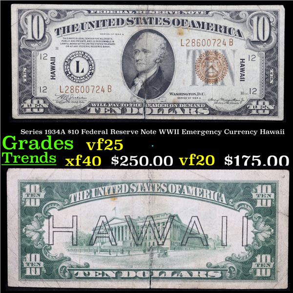 Series 1934A $10 Federal Reserve Note WWII Emergency Currency Hawaii Grades vf+