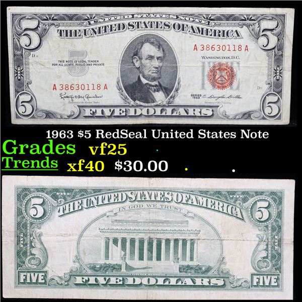 1963 $5 RedSeal United States Note Grades vf+