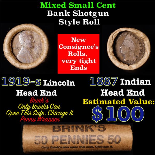 Mixed small cents 1c orig shotgun roll, 1919-s Wheat Cent, 1887 Indian Cent other end, Brinks Wrappe