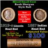 Image 1 : Mixed small cents 1c orig shotgun roll, 1919-s Wheat Cent, 1887 Indian Cent other end, Brinks Wrappe