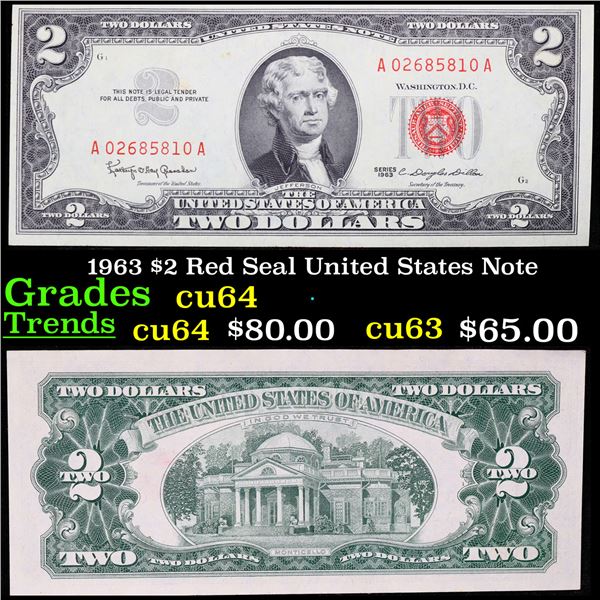 1963 $2 Red Seal United States Note Grades Choice CU