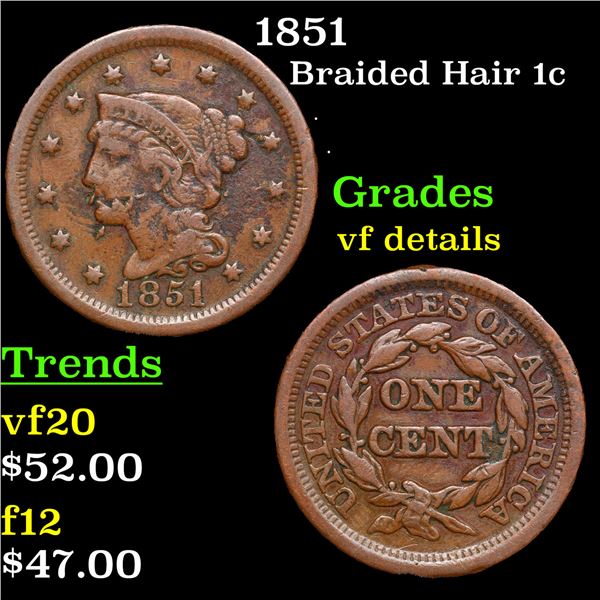 1851 Braided Hair Large Cent 1c Grades vf details