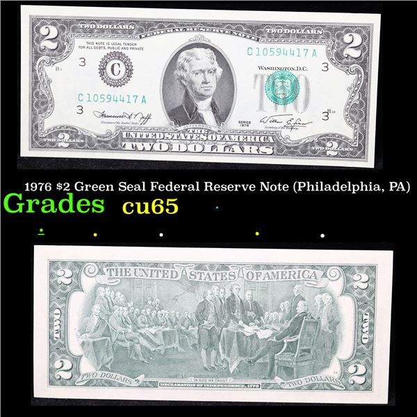 1976 $2 Green Seal Federal Reserve Note (Philadelphia, PA) Grades Gem CU