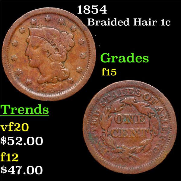 1854 Braided Hair Large Cent 1c Grades f+