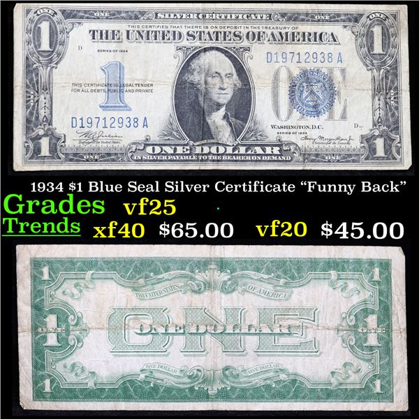 1934 $1 Blue Seal Silver Certificate "Funny Back" Grades vf+