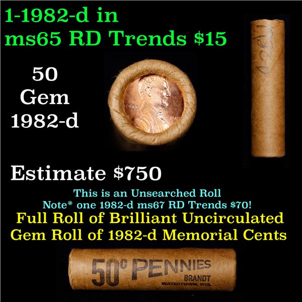 Shotgun Lincoln 1c roll, 1982-D 50 pcs Brandt Wrapper.