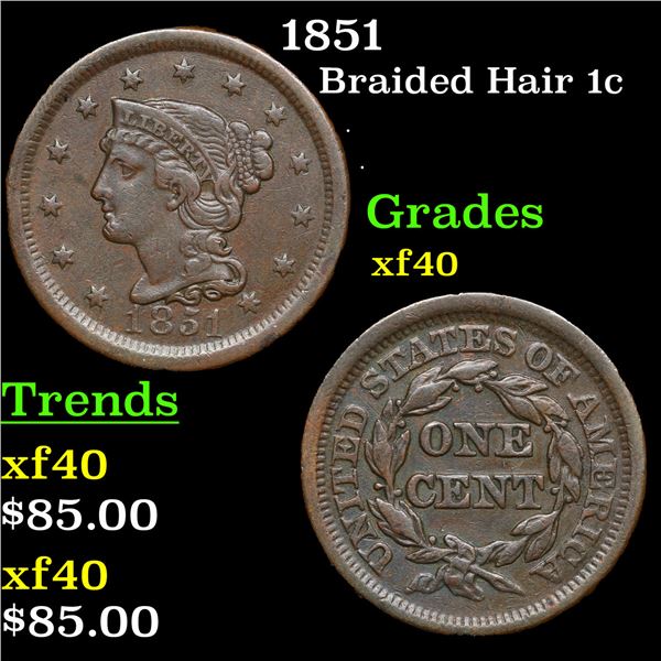 1851 Braided Hair Large Cent 1c Grades xf