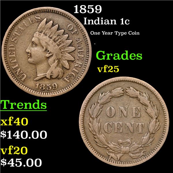 1859 Indian Cent 1c Grades vf+