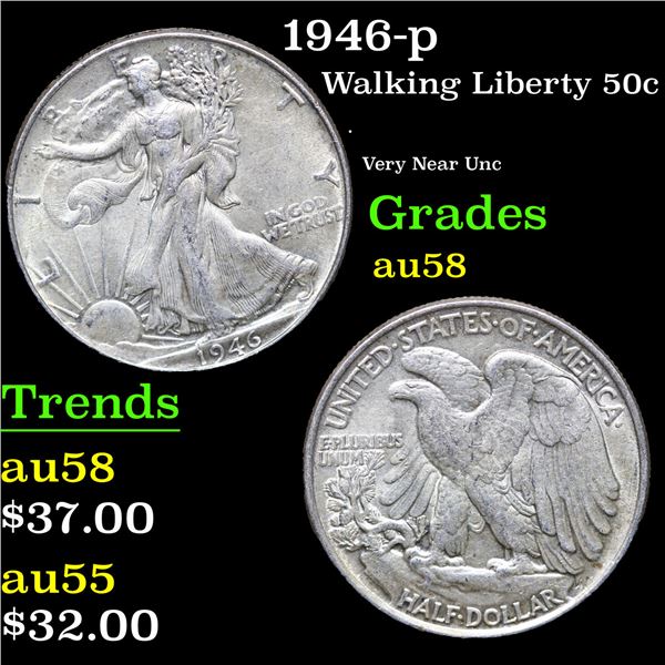 1946-p Walking Liberty Half Dollar 50c Grades Choice AU/BU Slider