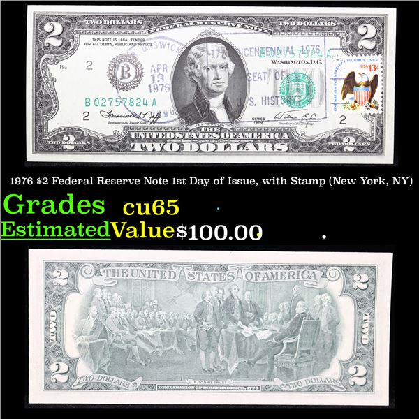 1976 $2 Federal Reserve Note 1st Day of Issue, with Stamp (New York, NY) Grades Gem CU