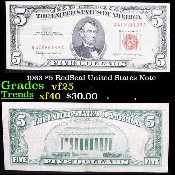 1963 $5 RedSeal United States Note Grades vf+