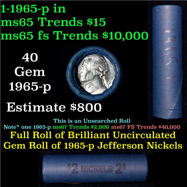 Shotgun Jefferson 5c roll, 1965-p 50 pcs Vintage Nickel Wrapper.