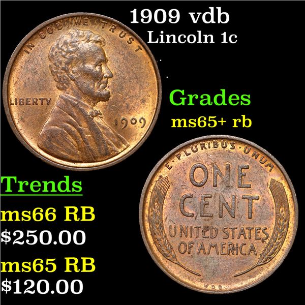 1909 vdb Lincoln Cent 1c Grades Gem+ Unc RB
