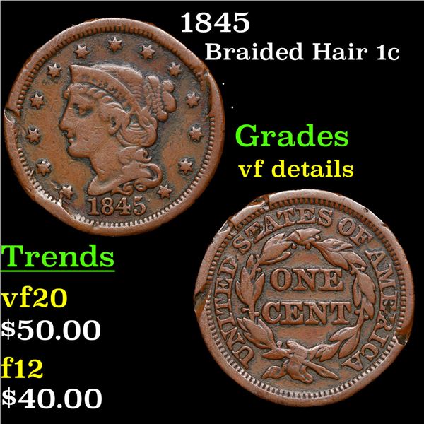 1845 Braided Hair Large Cent 1c Grades vf details