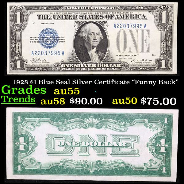 1928 $1 Blue Seal Silver Certificate "Funny Back" Grades Choice AU