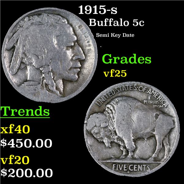 1915-s Buffalo Nickel 5c Grades vf+