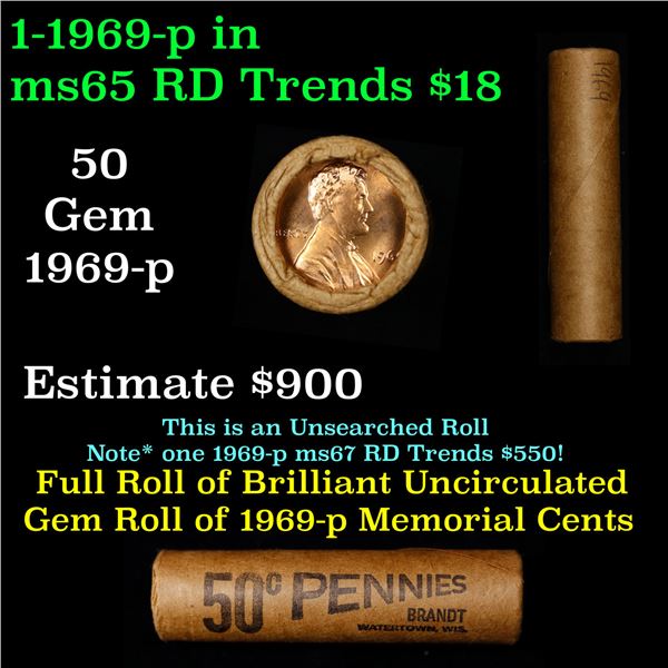 Shotgun Lincoln 1c roll, 1969-p 50 pcs Brandt Wrapper.
