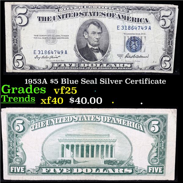 1953A $5 Blue Seal Silver Certificate Grades vf+