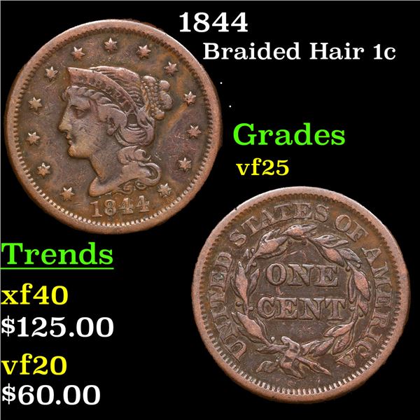 1844 Braided Hair Large Cent 1c Grades vf+