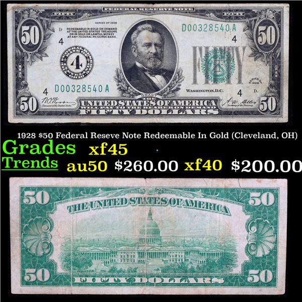 1928 $50 Federal Reseve Note Redeemable In Gold (Cleveland, OH) Grades xf+