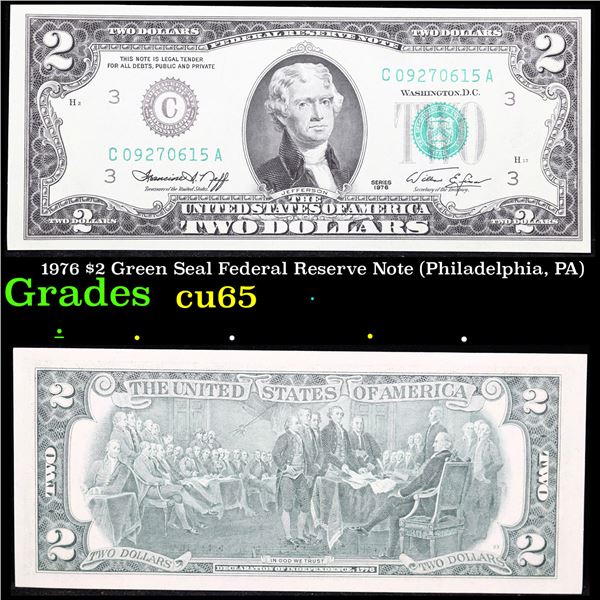 1976 $2 Green Seal Federal Reserve Note (Philadelphia, PA) Grades Gem CU