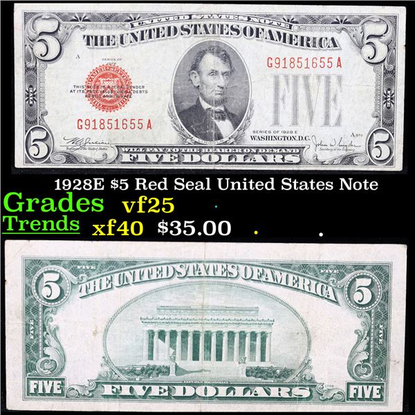 1928E $5 Red Seal United States Note Grades vf+