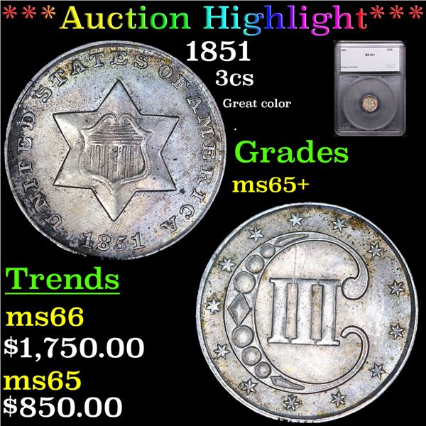 ***Auction Highlight*** 1851 Three Cent Silver 3cs Graded ms65+ BY SEGS (fc)