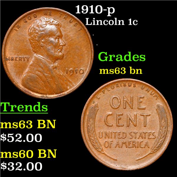 1910-p Lincoln Cent 1c Grades Select Unc BN