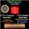Image 1 : Mixed small cents 1c orig shotgun roll, 1916d Wheat Cent, 1890 Indian Cent other end, Brinks Wrapper