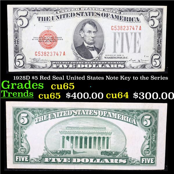 1928D $5 Red Seal United States Note Key to the Series Grades Gem CU