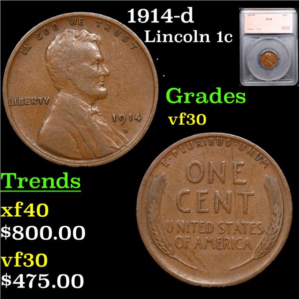 1914-d Lincoln Cent 1c Graded vf30 BY SEGS