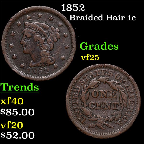 1852 Braided Hair Large Cent 1c Grades vf+