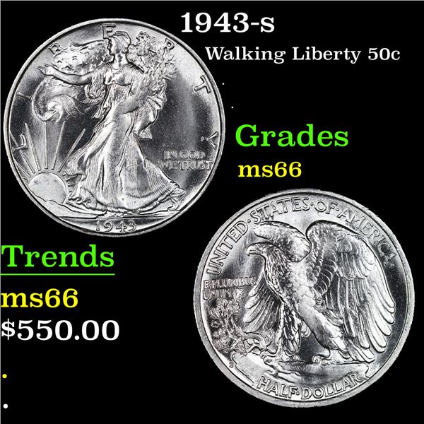 1943-s Walking Liberty Half Dollar 50c Grades GEM+ Unc