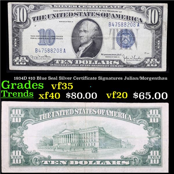 1934D $10 Blue Seal Silver Certificate Signatures Julian/Morgenthau Grades vf++
