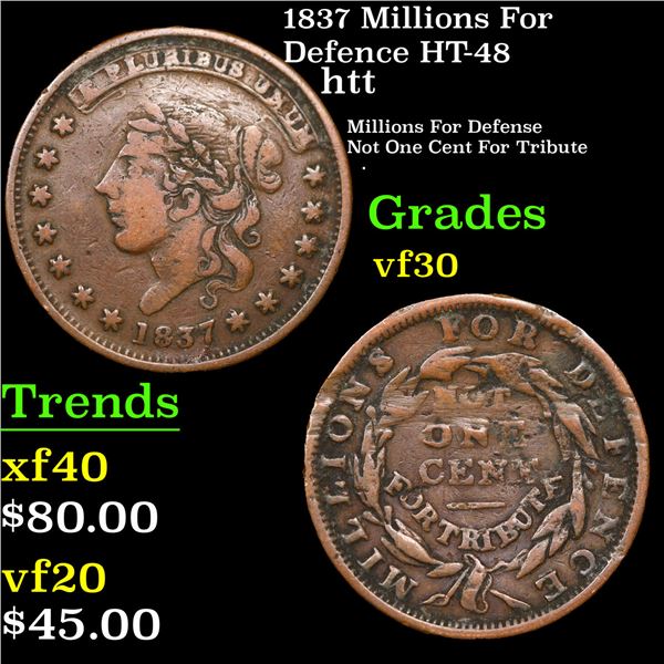 1837 Millions For Defence Hard Times Token HT-48 1c Grades vf++