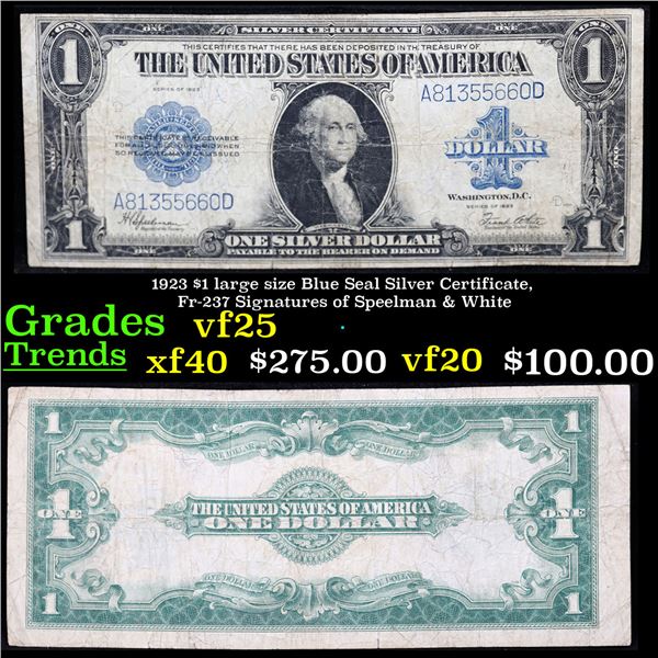 1923 $1 large size Blue Seal Silver Certificate, Fr-237 Signatures of Speelman & White Grades vf+