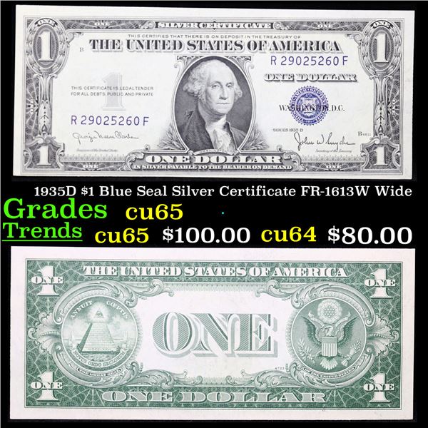 1935D $1 Blue Seal Silver Certificate FR-1613W Wide Grades Gem CU