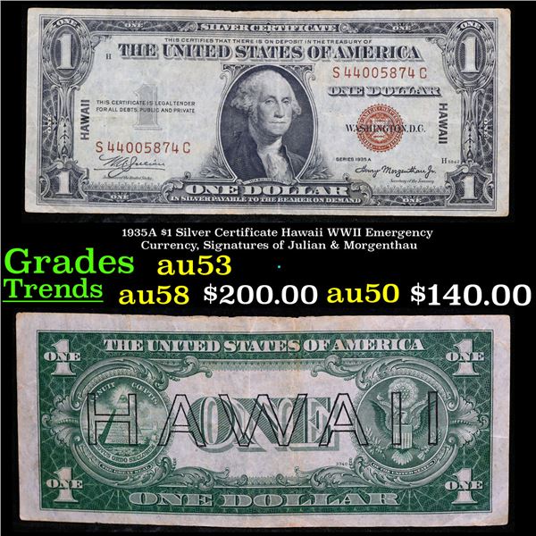 1935A $1 Silver Certificate Hawaii WWII Emergency Currency, Signatures of Julian & Morgenthau Grades
