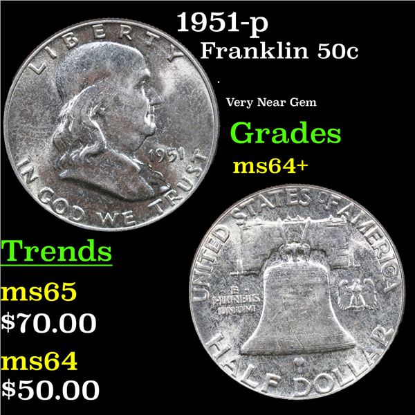 1951-p Franklin Half Dollar 50c Grades Choice+ Unc