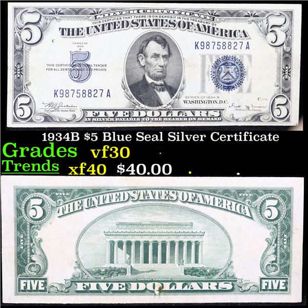 1934B $5 Blue Seal Silver Certificate Grades vf++