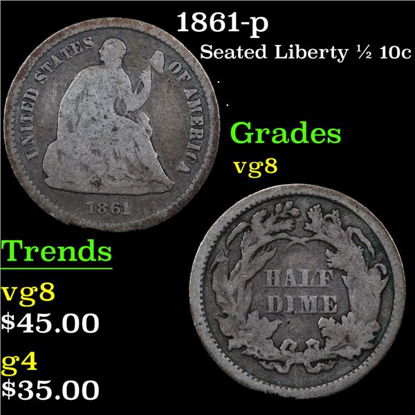 1861-p Seated Liberty Half Dime 1/2 10c Grades vg, very good