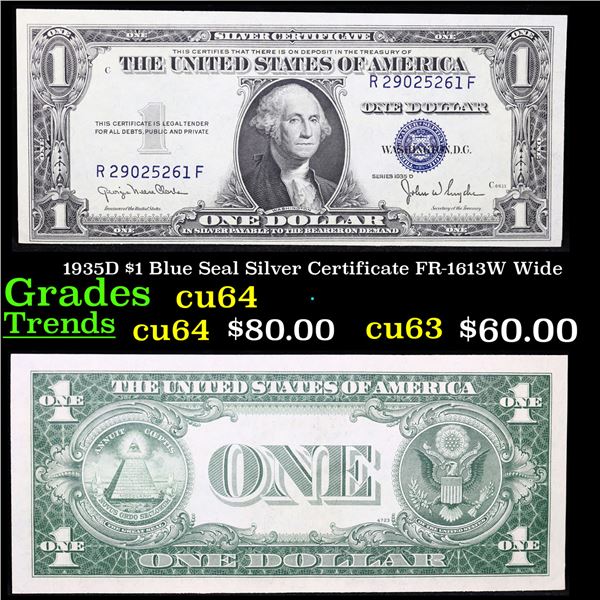 1935D $1 Blue Seal Silver Certificate FR-1613W Wide Grades Choice CU