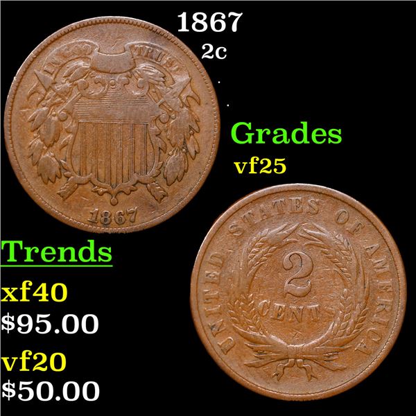 1867 Two Cent Piece 2c Grades vf+
