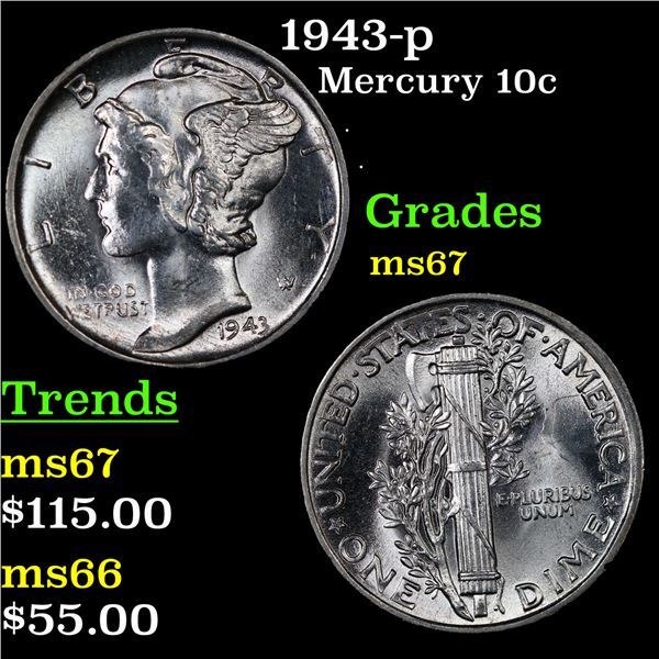 1943-p Mercury Dime 10c Grades GEM++ Unc