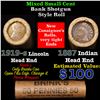 Image 1 : Mixed small cents 1c orig shotgun roll, 1919-s Wheat Cent, 1887 Indian Cent other end, Brinks Wrappe