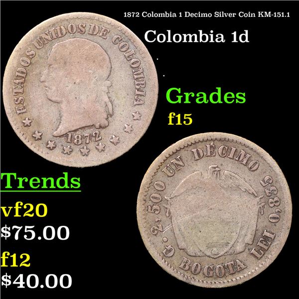 1872 Colombia 1 Decimo Silver Coin KM-151.1 Grades f+