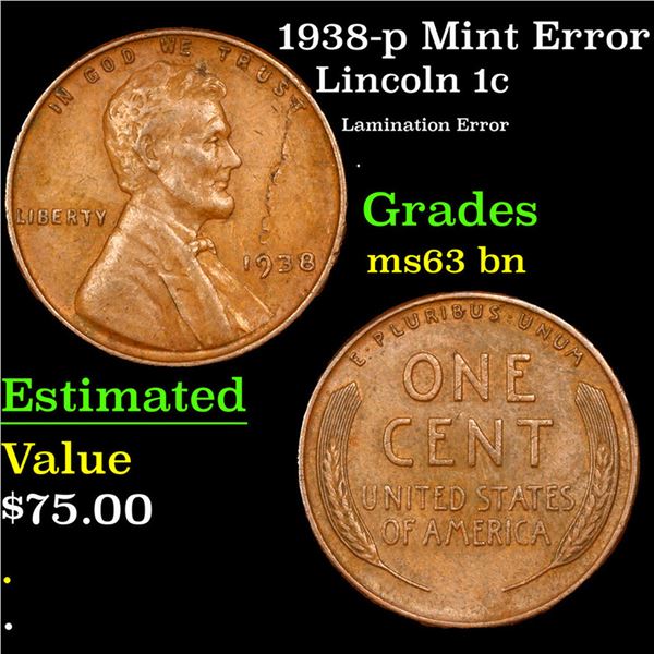 1938-p Lincoln Cent Mint Error 1c Grades Select Unc BN